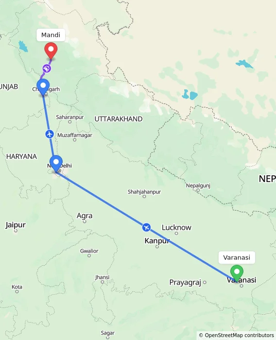 Route map showing distance and travel time from Varanasi, India to Mandi, India
