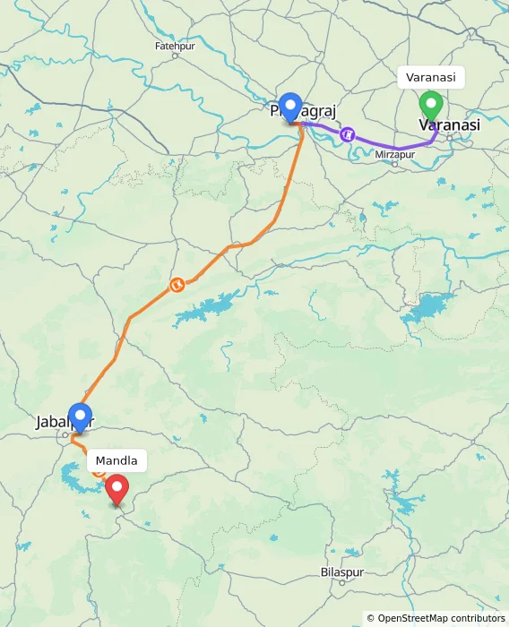 Route map showing distance and travel time from Varanasi, India to Mandla, India