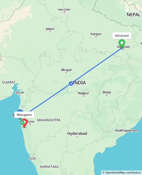 Route map showing distance and travel time from Varanasi, India to Mangaon, India