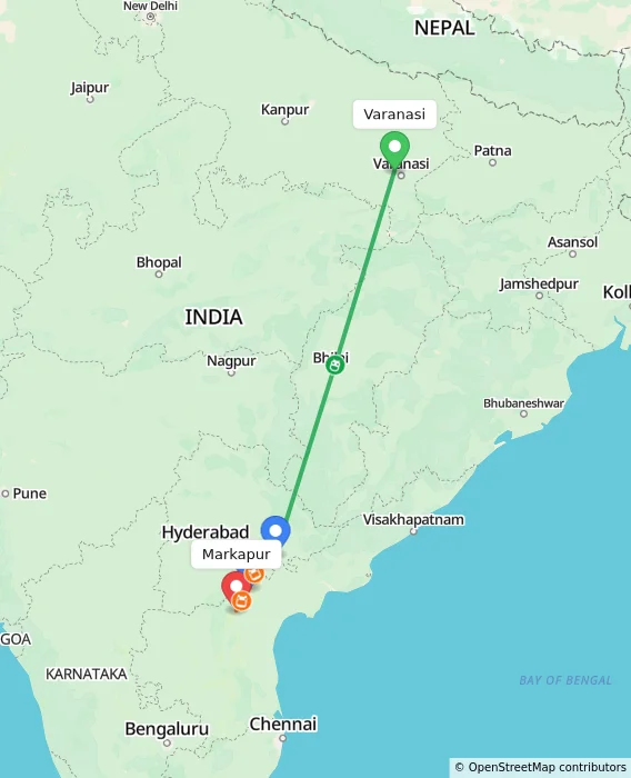 Route map showing distance and travel time from Varanasi, India to Markapur, India