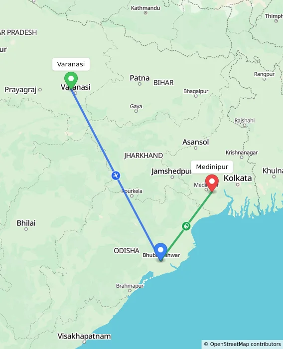 Route map showing distance and travel time from Varanasi, India to Medinipur, India