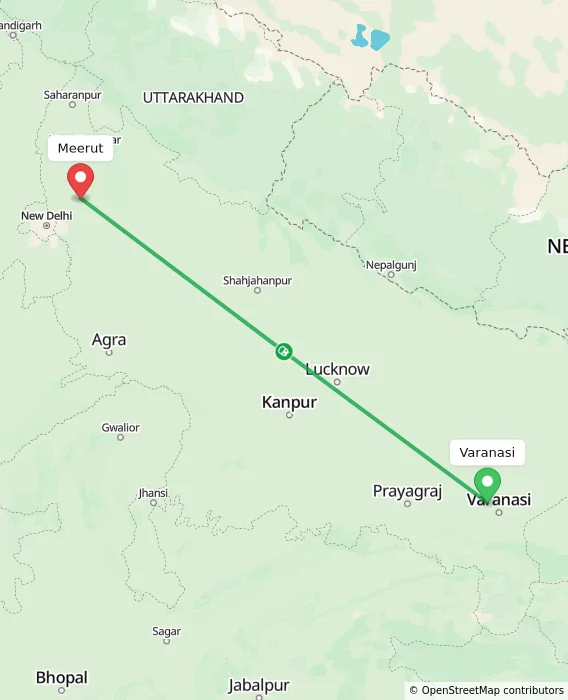 Route map showing distance and travel time from Varanasi, India to Meerut, India