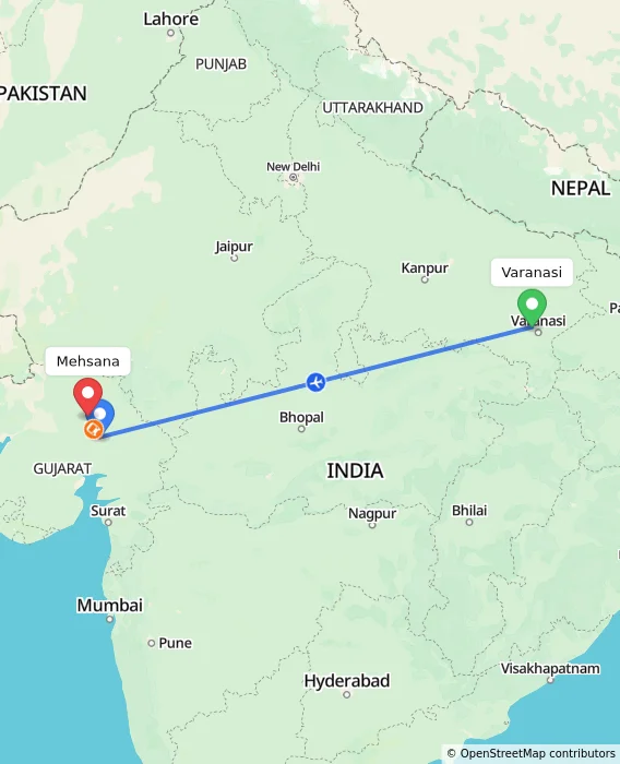 Route map showing distance and travel time from Varanasi, India to Mehsana, India