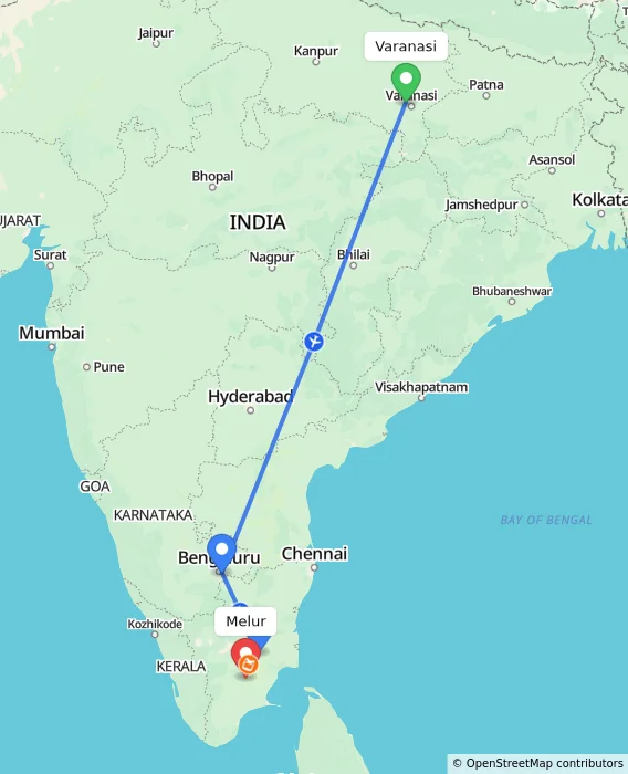 Route map showing distance and travel time from Varanasi, India to Melur, India