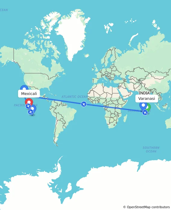 Route map showing distance and travel time from Varanasi, India to Mexicali, Mexico