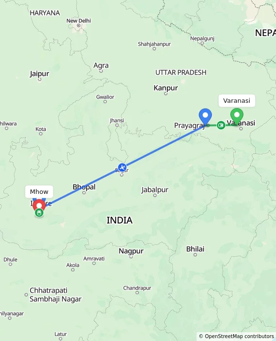 Route map showing distance and travel time from Varanasi, India to Mhow, India