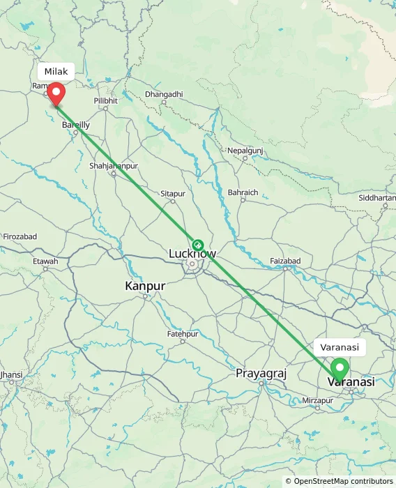 Route map showing distance and travel time from Varanasi, India to Milak, India
