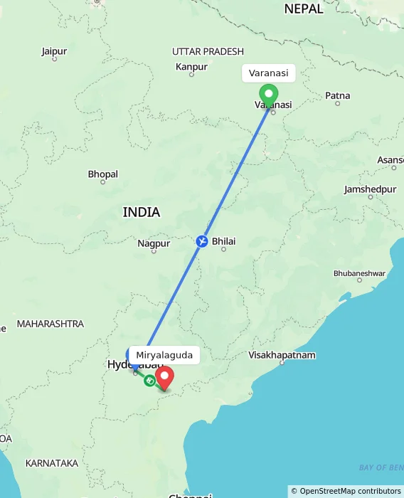 Route map showing distance and travel time from Varanasi, India to Miryalaguda, India