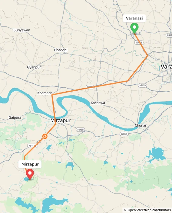 Route map showing distance and travel time from Varanasi, India to Mirzapur, India