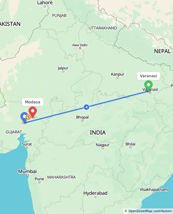 Route map showing distance and travel time from Varanasi, India to Modasa, India