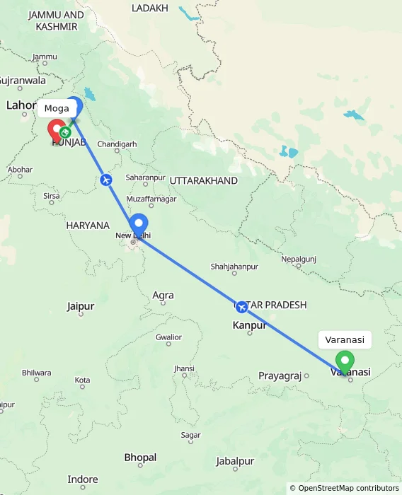 Route map showing distance and travel time from Varanasi, India to Moga, India