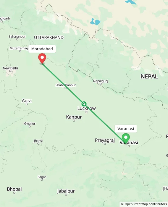 Route map showing distance and travel time from Varanasi, India to Moradabad, India