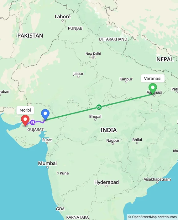 Route map showing distance and travel time from Varanasi, India to Morbi, India