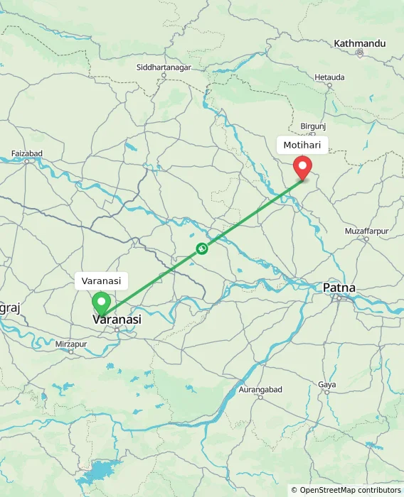 Route map showing distance and travel time from Varanasi, India to Motihari, India
