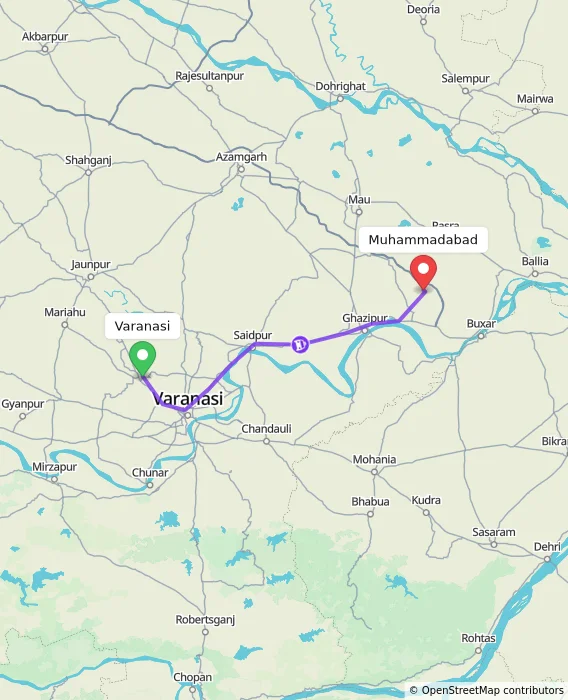 Route map showing distance and travel time from Varanasi, India to Muhammadabad, India