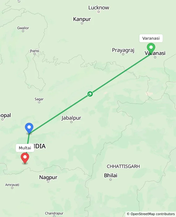Route map showing distance and travel time from Varanasi, India to Multai, India