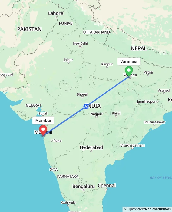 Route map showing distance and travel time from Varanasi, India to Mumbai, India
