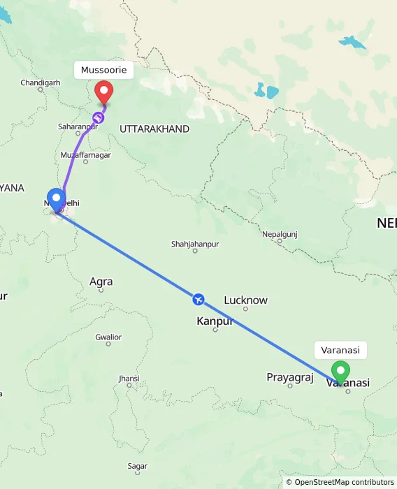 Route map showing distance and travel time from Varanasi, India to Mussoorie, India