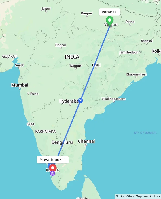 Route map showing distance and travel time from Varanasi, India to Muvattupuzha, India