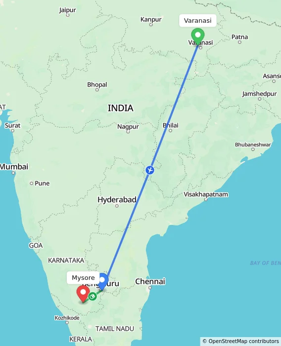 Route map showing distance and travel time from Varanasi, India to Mysore, India