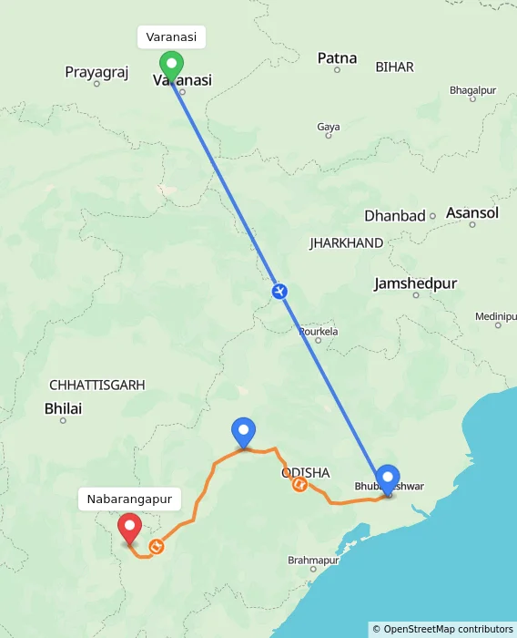 Route map showing distance and travel time from Varanasi, India to Nabarangapur, India