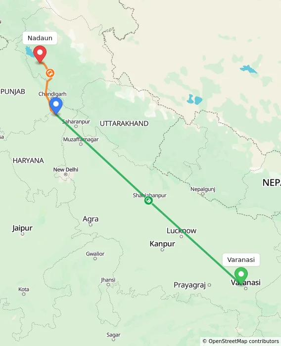 Route map showing distance and travel time from Varanasi, India to Nadaun, India