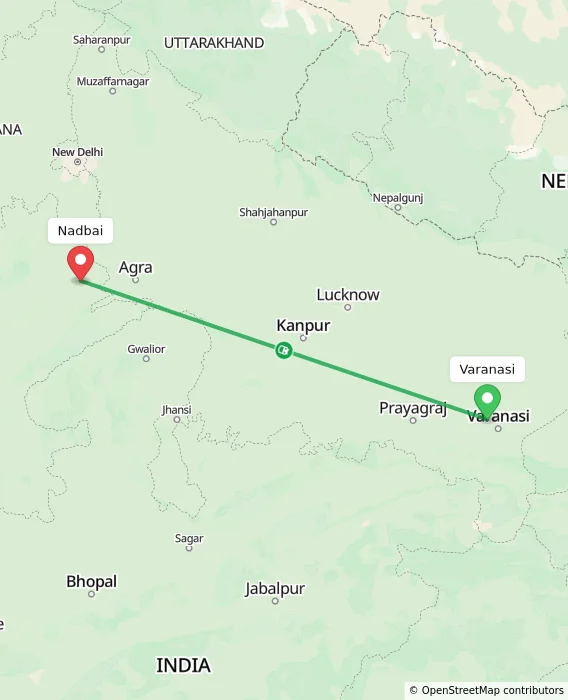 Route map showing distance and travel time from Varanasi, India to Nadbai, India