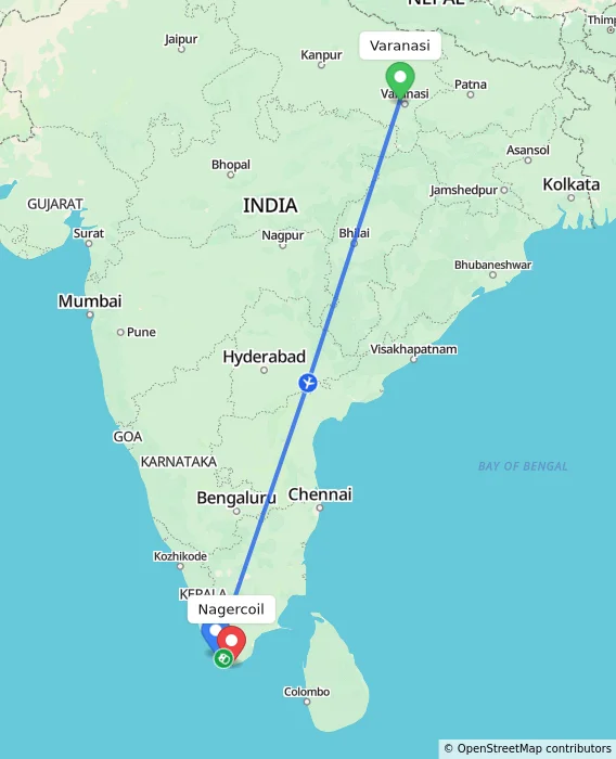 Route map showing distance and travel time from Varanasi, India to Nagercoil, India