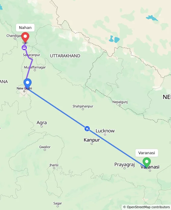 Route map showing distance and travel time from Varanasi, India to Nahan, India