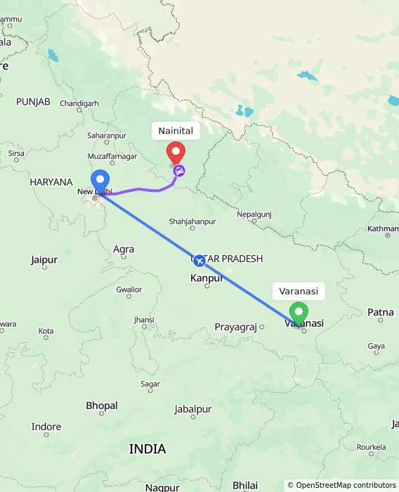 Route map showing distance and travel time from Varanasi, India to Nainital, India