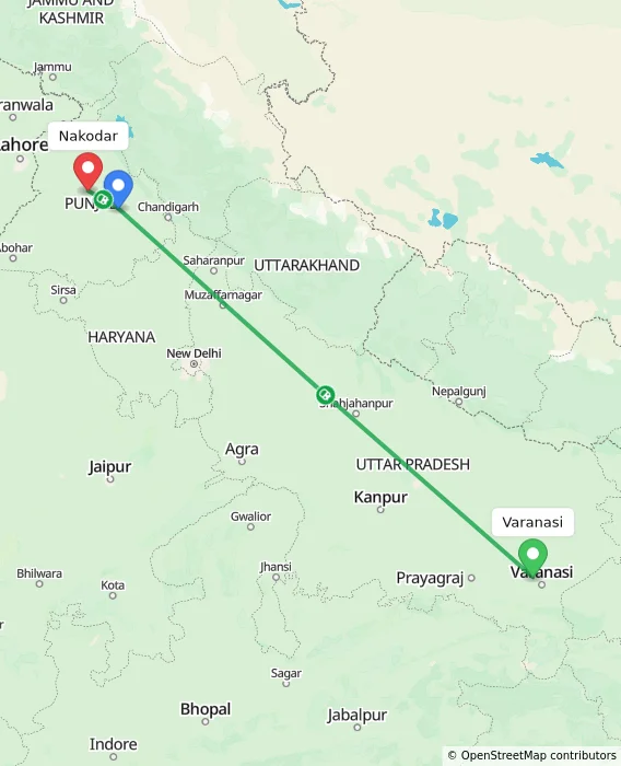 Route map showing distance and travel time from Varanasi, India to Nakodar, India