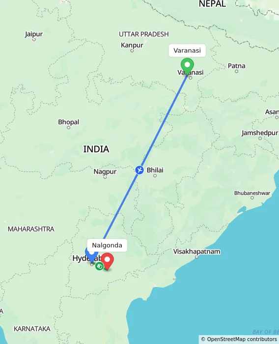 Route map showing distance and travel time from Varanasi, India to Nalgonda, India
