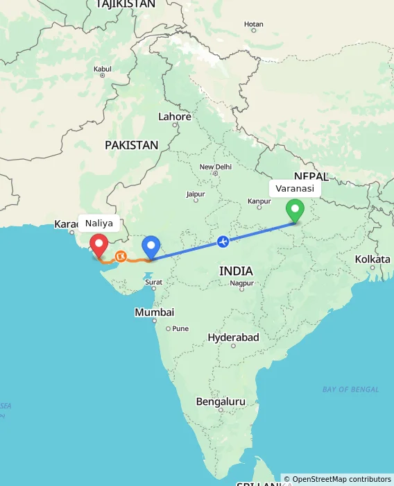 Route map showing distance and travel time from Varanasi, India to Naliya, India