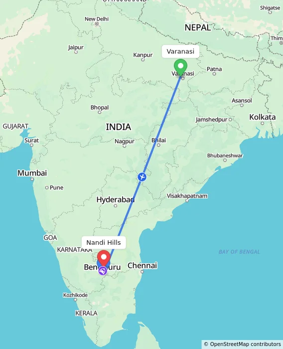 Route map showing distance and travel time from Varanasi, India to Nandi Hills, India