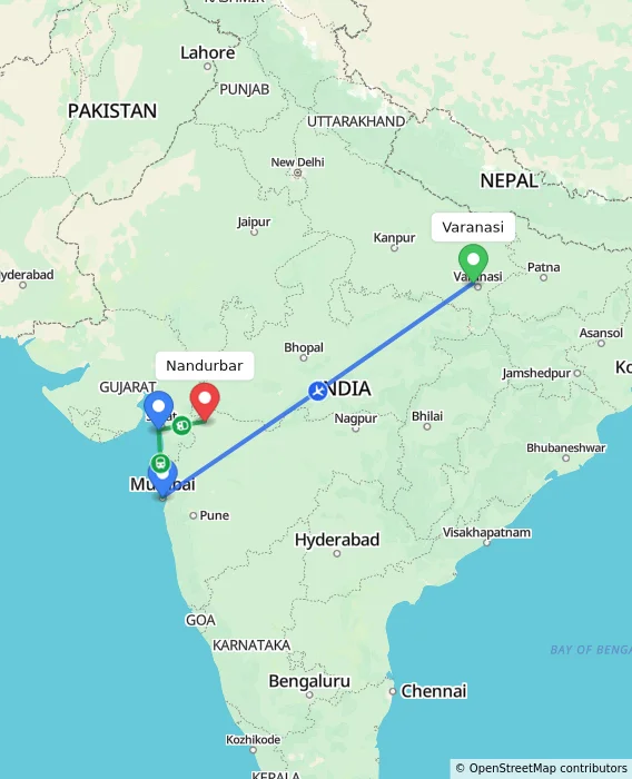 Route map showing distance and travel time from Varanasi, India to Nandurbar, India