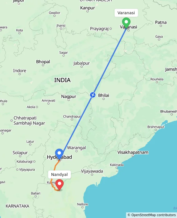 Route map showing distance and travel time from Varanasi, India to Nandyal, India