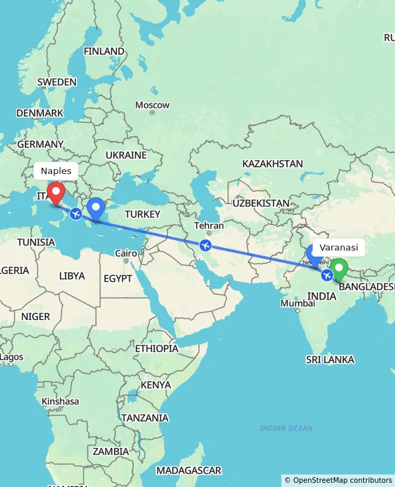Route map showing distance and travel time from Varanasi, India to Naples, Italy