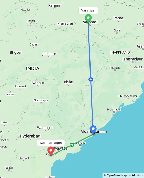 Route map showing distance and travel time from Varanasi, India to Narasaraopet, India
