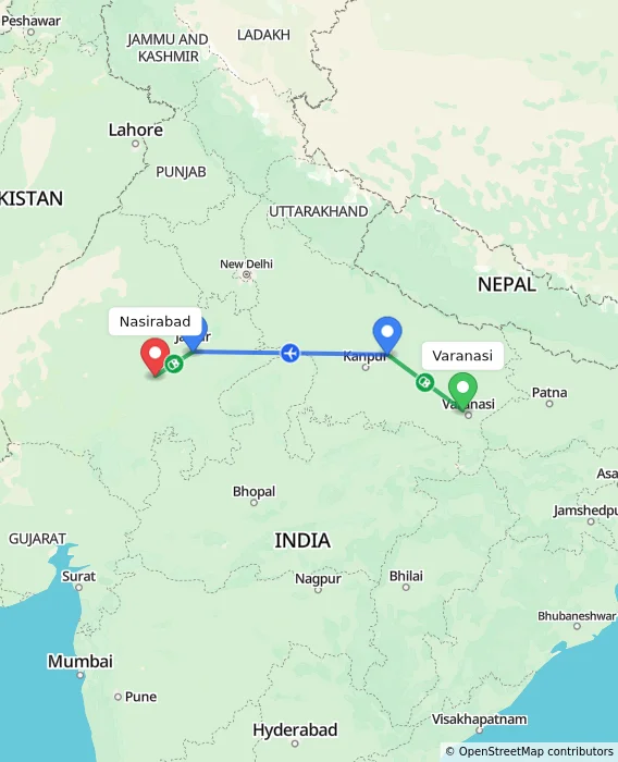 Route map showing distance and travel time from Varanasi, India to Nasirabad, India