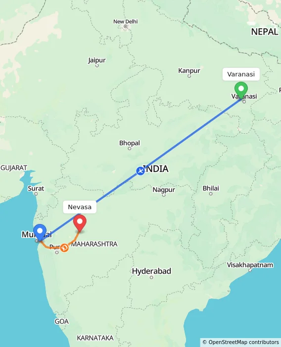 Route map showing distance and travel time from Varanasi, India to Nevasa, India