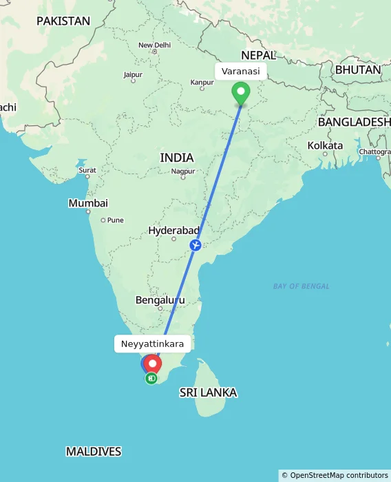 Route map showing distance and travel time from Varanasi, India to Neyyattinkara, India
