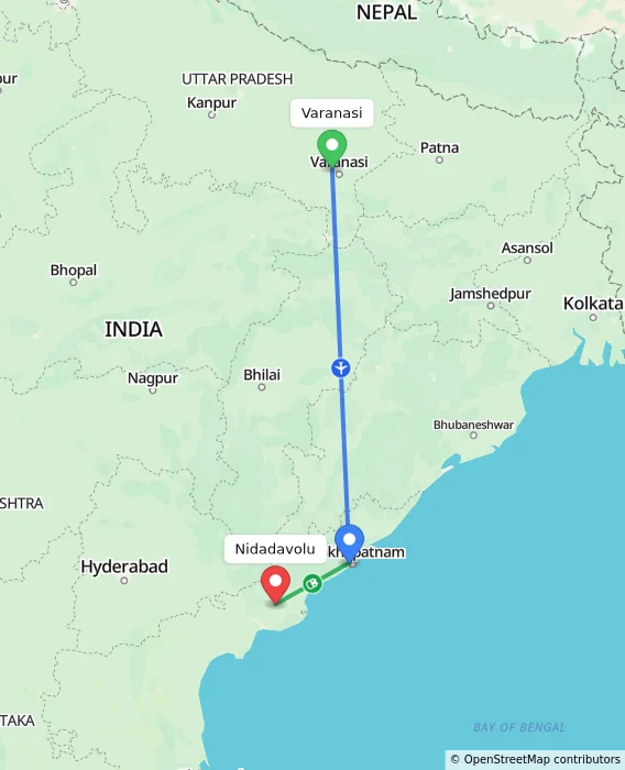 Route map showing distance and travel time from Varanasi, India to Nidadavolu, India