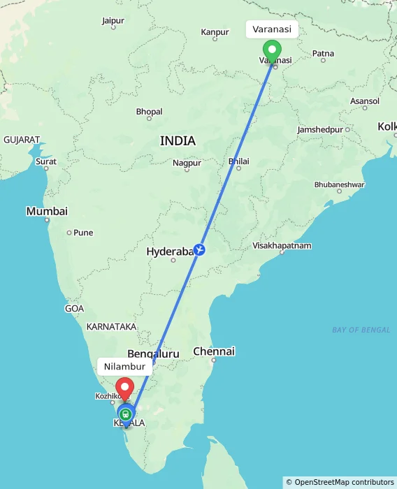 Route map showing distance and travel time from Varanasi, India to Nilambur, India