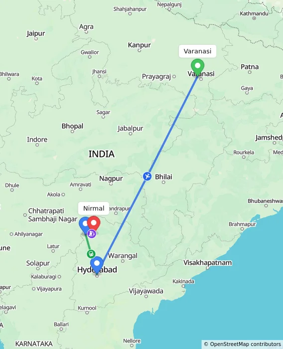 Route map showing distance and travel time from Varanasi, India to Nirmal, India
