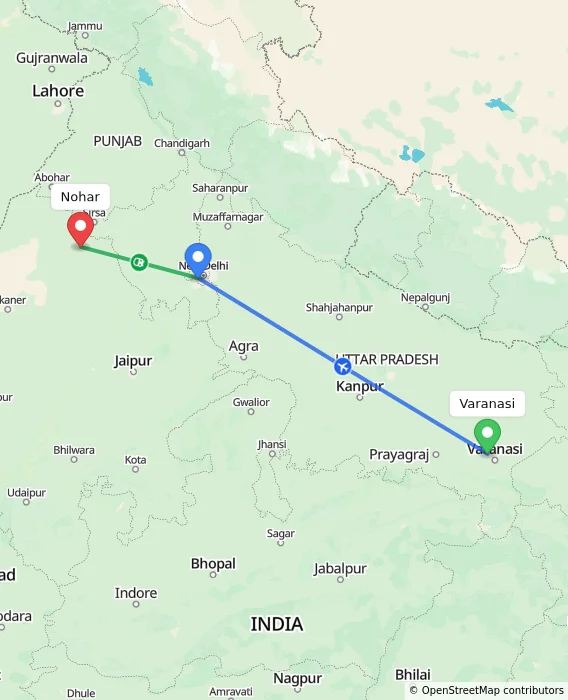 Route map showing distance and travel time from Varanasi, India to Nohar, India