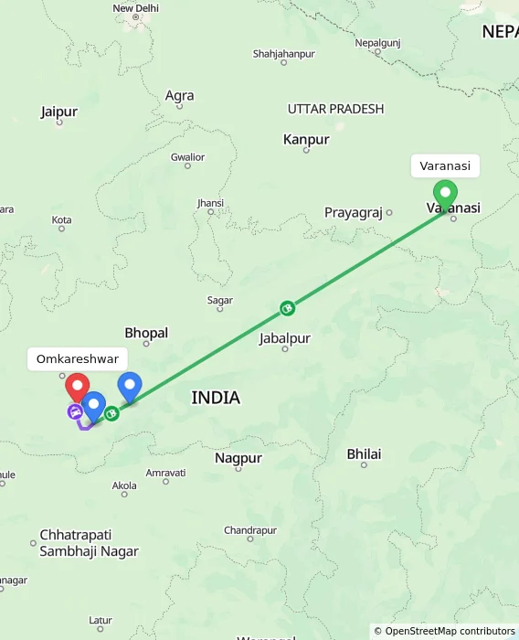 Route map showing distance and travel time from Varanasi, India to Omkareshwar, India