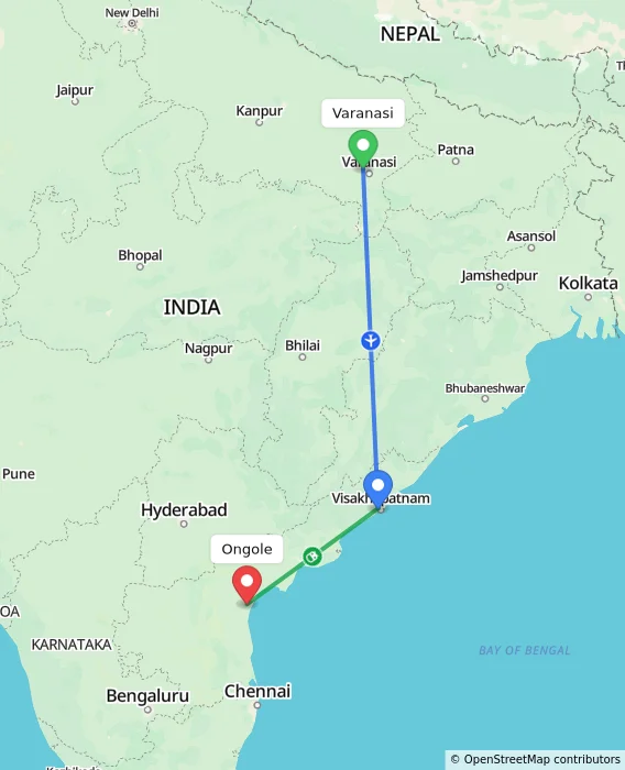 Route map showing distance and travel time from Varanasi, India to Ongole, India