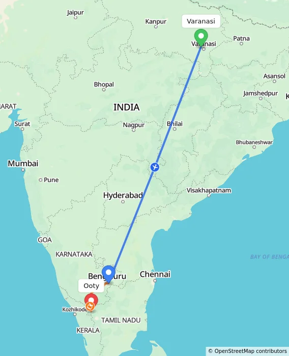 Route map showing distance and travel time from Varanasi, India to Ooty, India