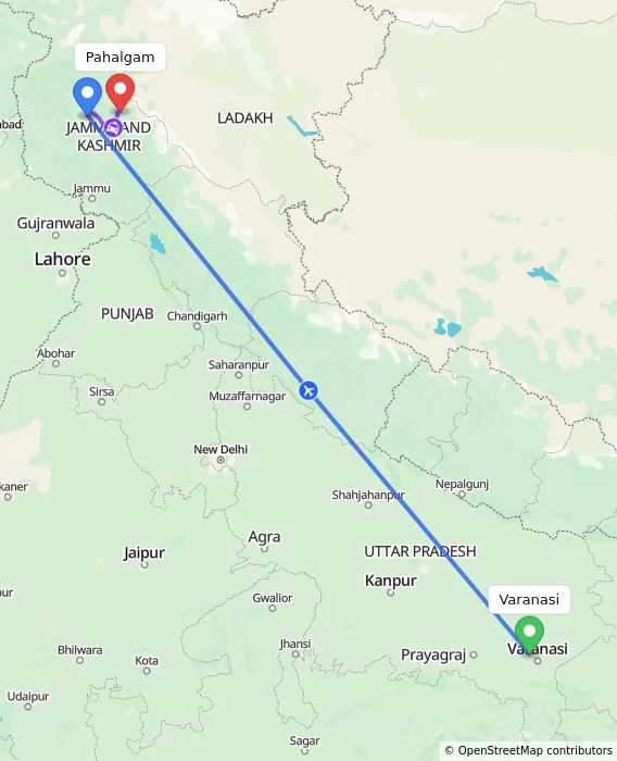 Route map showing distance and travel time from Varanasi, India to Pahalgam, India