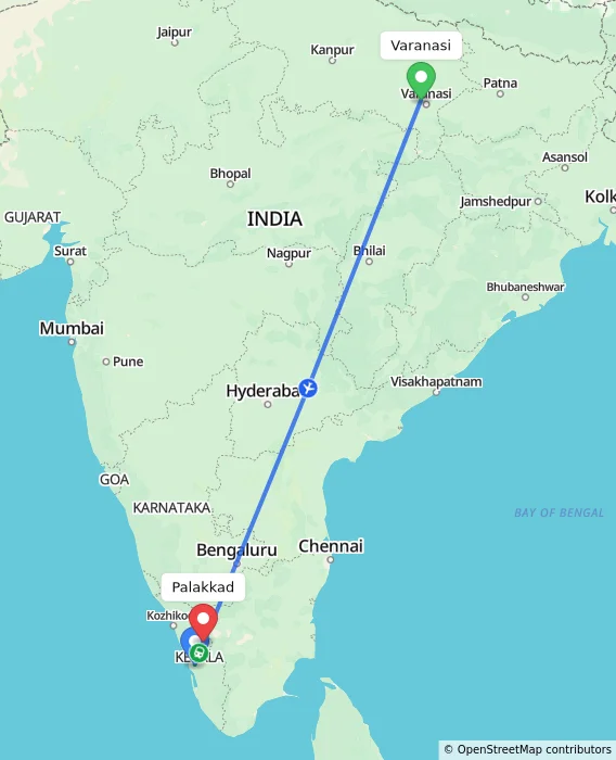 Route map showing distance and travel time from Varanasi, India to Palakkad, India